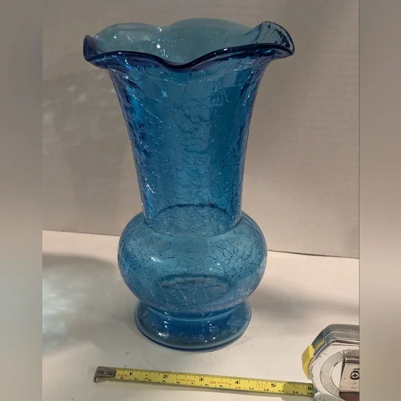 Blenko Azure Blue Crackle Vase Ruffled Rim. - Picture 2 of 5